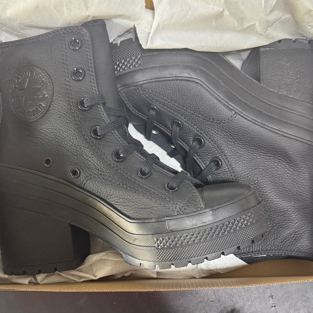 Converse Black Leather Platform Lace-Up Heeled Boots